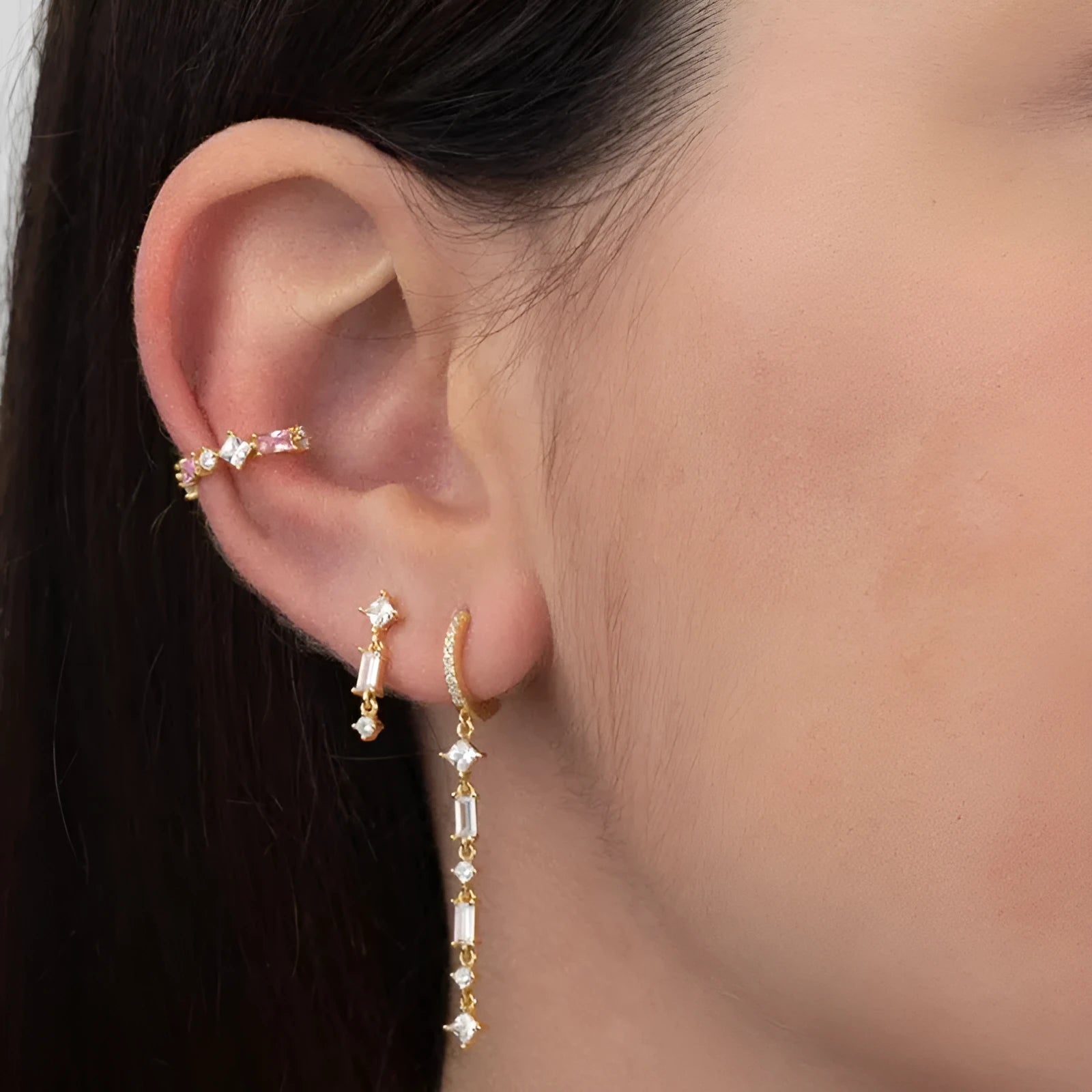 Geometric U-shaped sterling silver alloy ear clips with colourful zircon stones and tassel design
