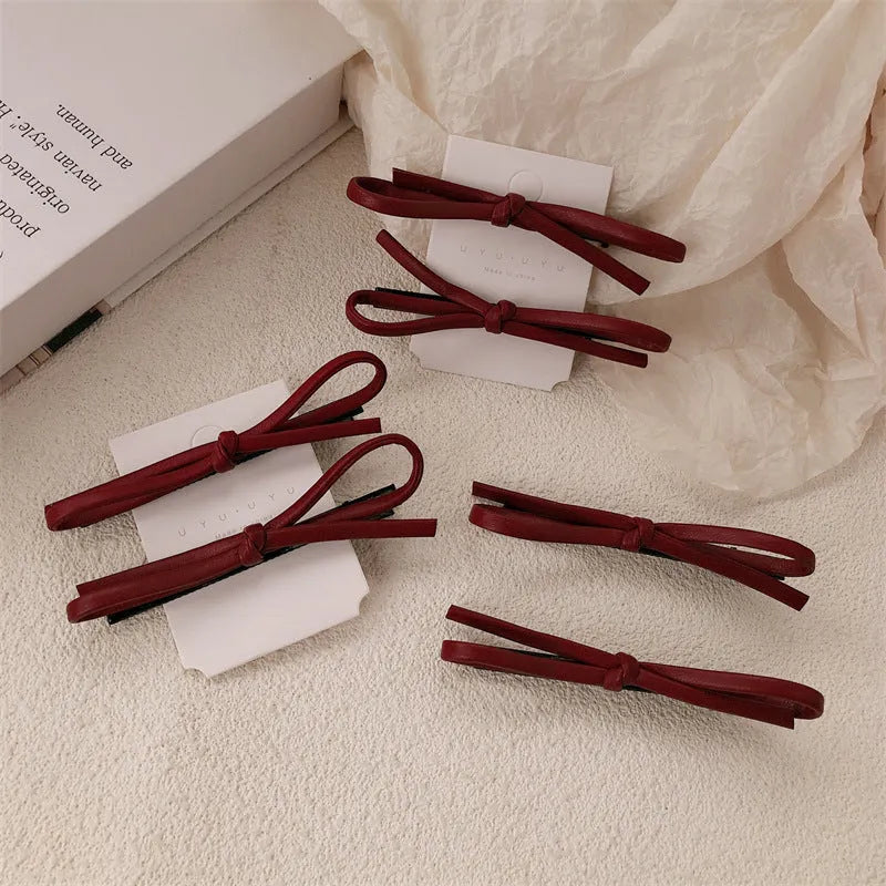 Wine red leather bow barrette hair clip for women available in single or pair pack