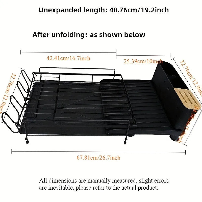Retractable kitchen drain rack for cutlery and cups made from carbon steel.
