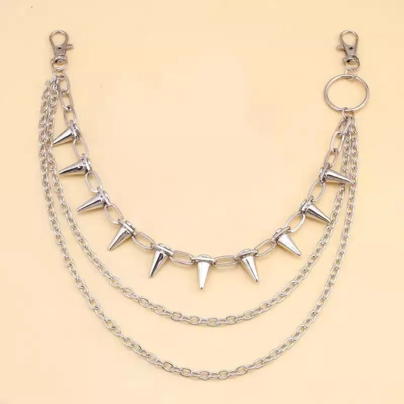 Silver metal trousers chain with double layer design and rivet detailing for punk hip hop style