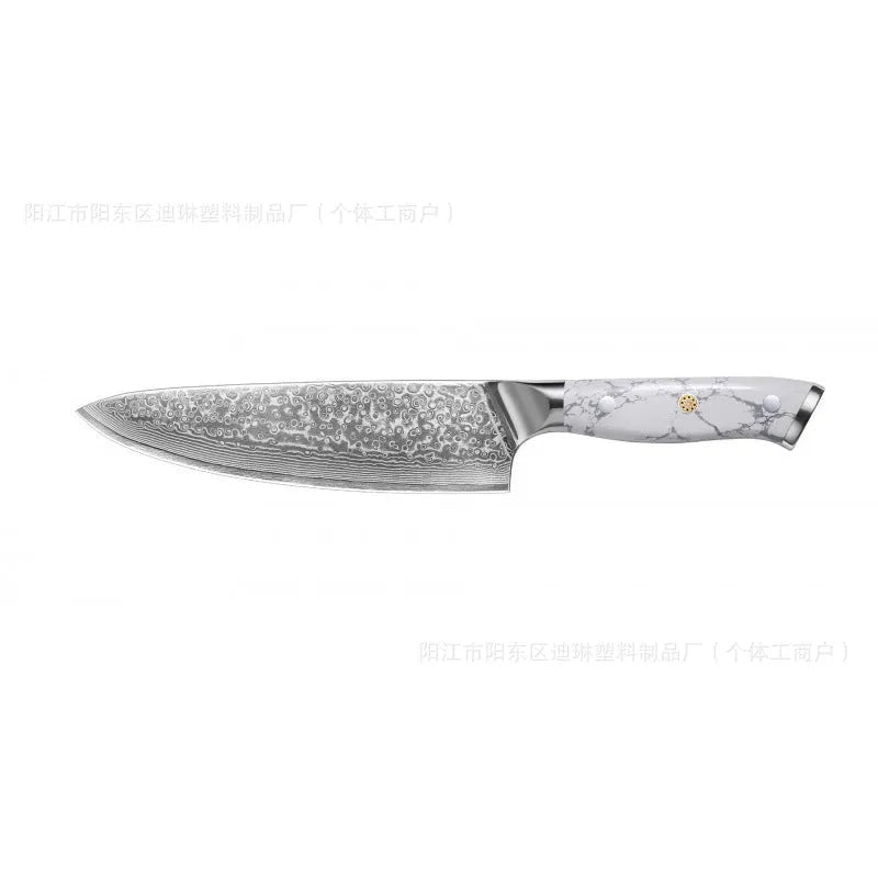 Damascus pattern VG10 steel combined chef knife with 21cm blade on wooden surface