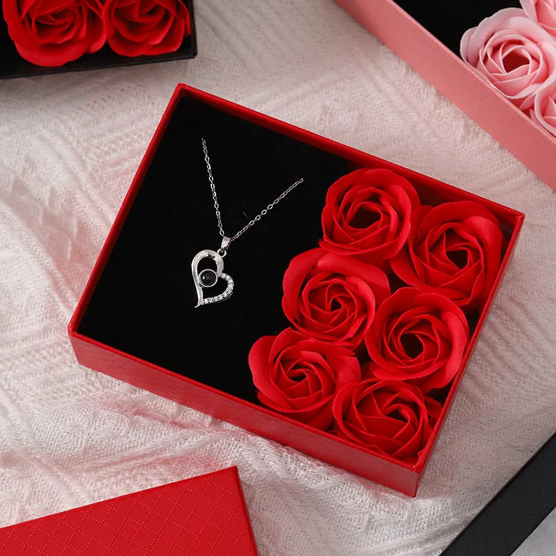 Red Korean-style soap flower gift set with six flowers in a box, handbag, and measuring 12.5 by 8.5 by 4.5 cm.