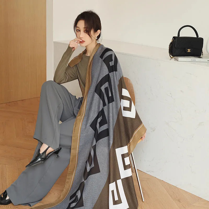 Elegant printed polyester scarf for women, shown in a style option, measuring 90cm by 180cm.