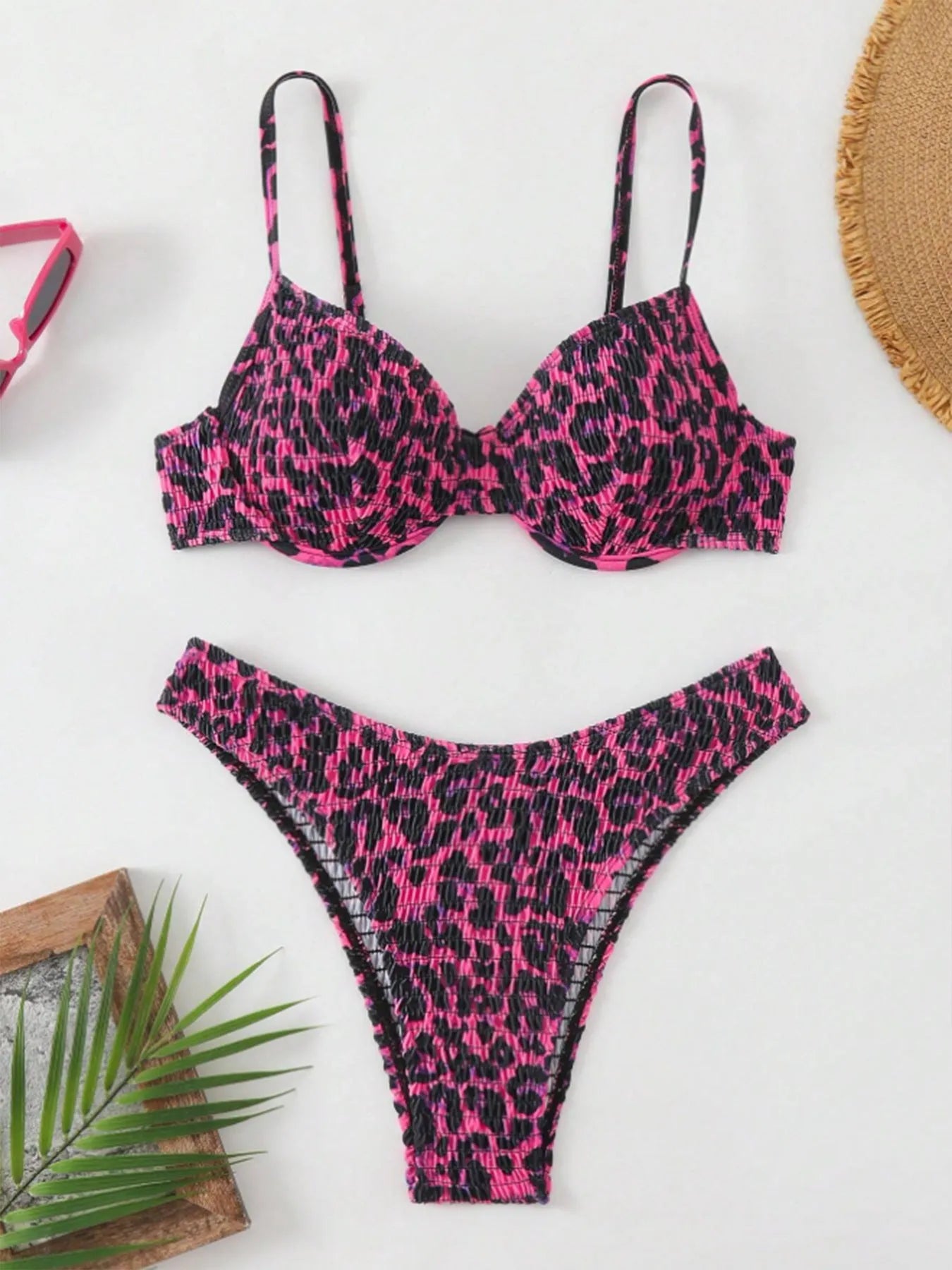 Women's leopard point bikini swimsuit with backless design in brown mixed colour