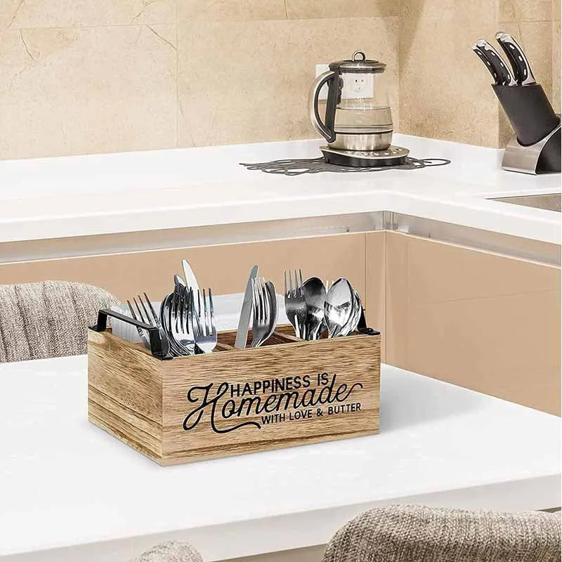Wooden kitchen storage box with interior grid dividers for tableware organisation