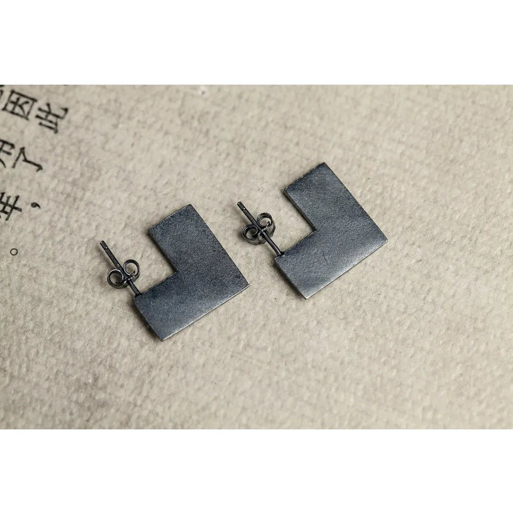 Oxidation black sterling silver geometric square earrings, 16mm minimalist cold wind style