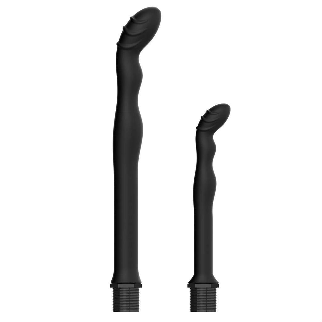 Black silicone hosepipe flusher cleaning kit with enema attachment on a plain background