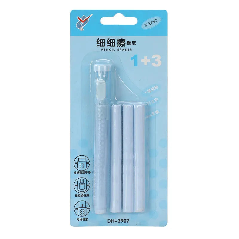 Push-type automatic eraser in four colours: blue, green, pink, purple on white background.