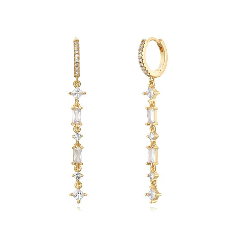 Geometric U-shaped sterling silver alloy ear clips with colourful zircon stones and tassel design