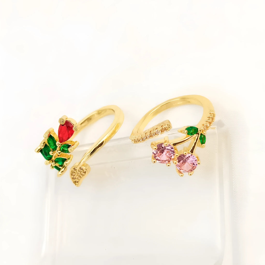 Copper gold plated open ring with micro-inlaid zircon leaf design in pink or green