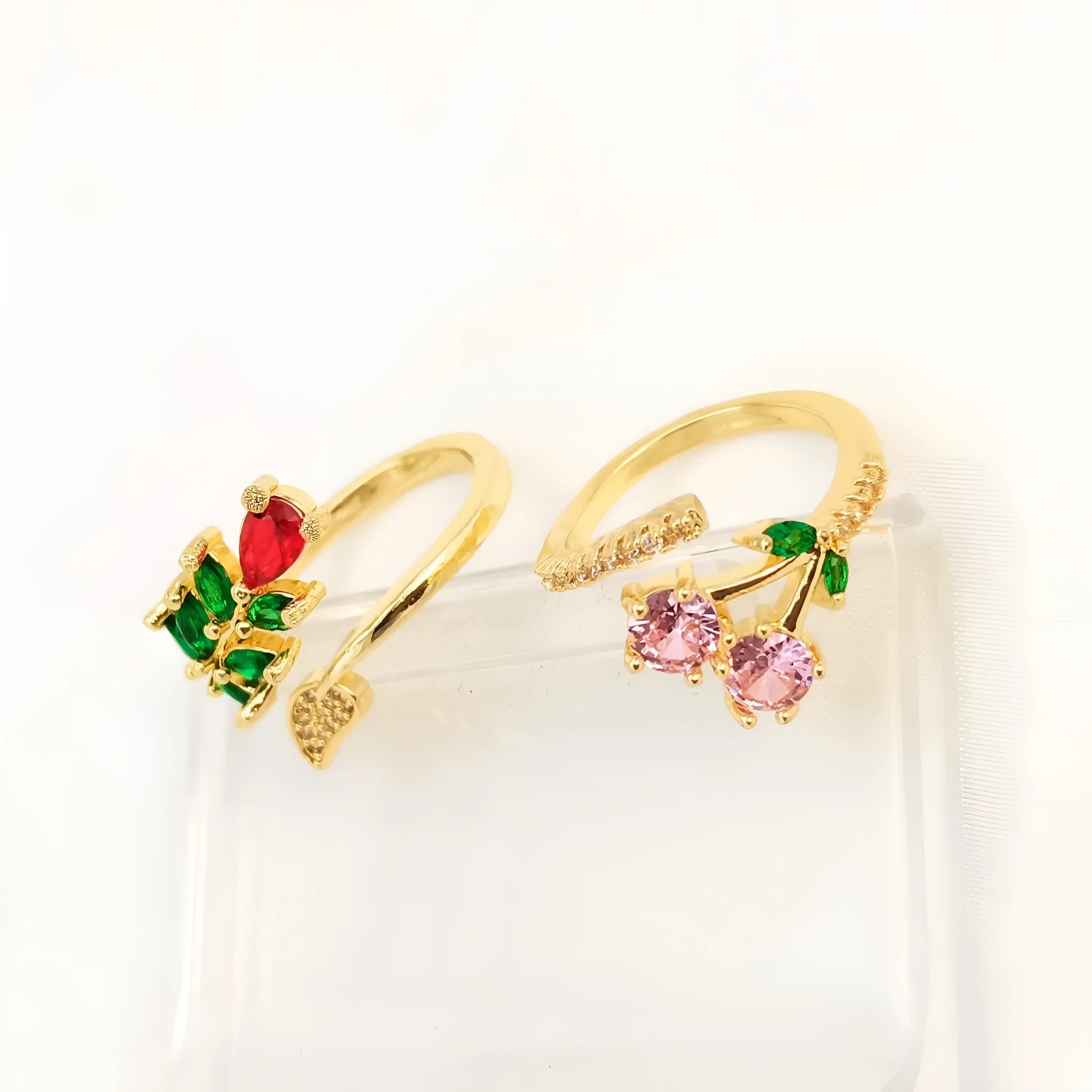 Copper gold plated open ring with micro-inlaid zircon leaf design in pink or green