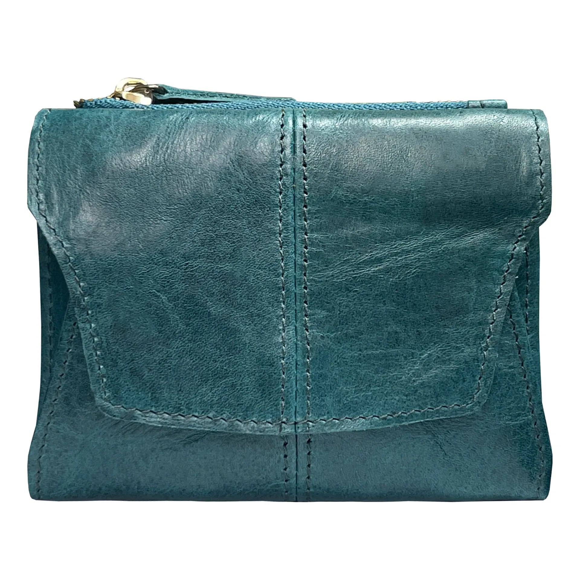 Genuine leather coin purse with stitching details in brown colour showing RFID protection feature