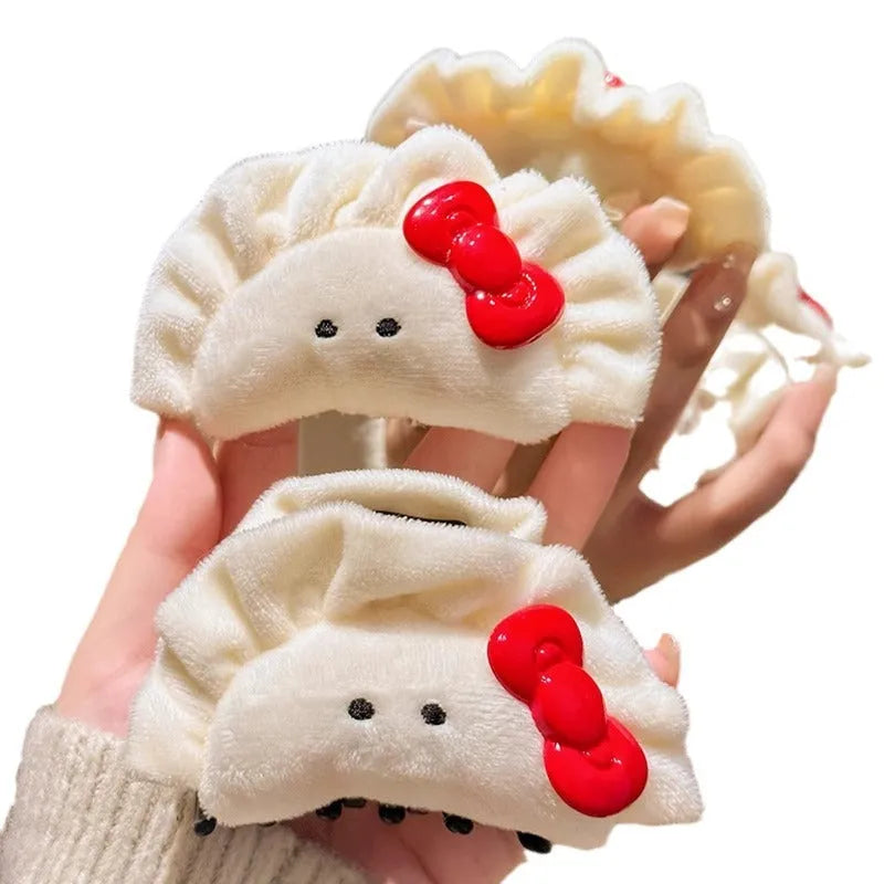 Cute plush dumpling grip barrette with bowknot for women hair accessories.