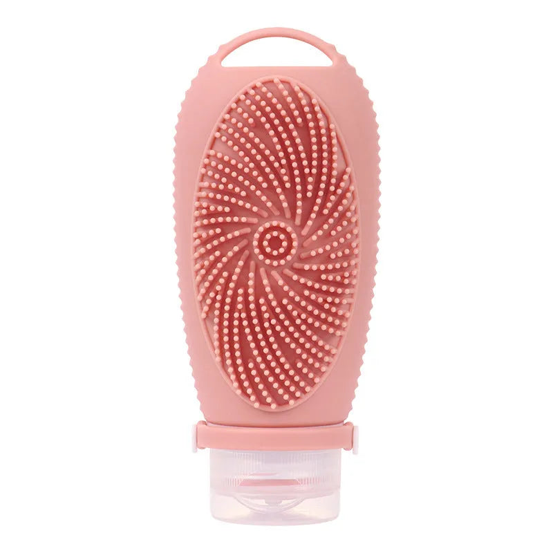 Silicone bath brush storage bottle in various colours showing 100ml capacity for bathroom organisation.