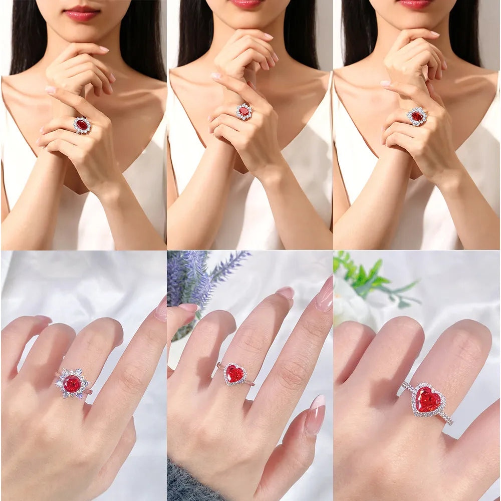 Women's heart-shaped sterling silver ring with ice flower cut coloured zircon stone on finger.