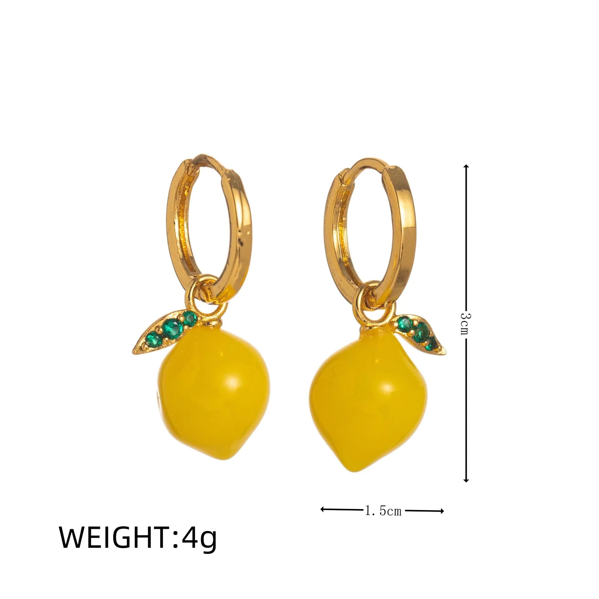 Gold plated copper earrings with detailed carrot, orange, blueberry, chilli, lemon, olive, and peach designs.