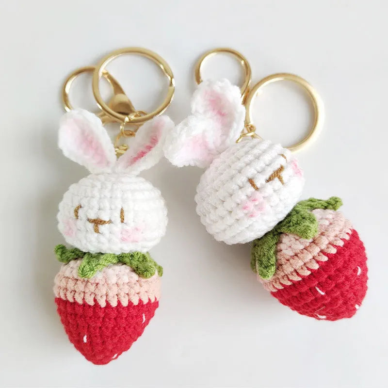 Hand-woven rabbit strawberry pendant made from four-strand doll wire with attached key