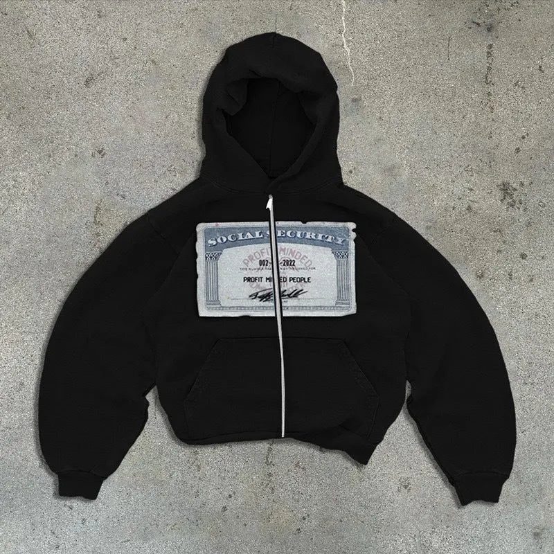 Black loose fit hoodie zipper jacket with letter pattern and zipper pockets for men and women