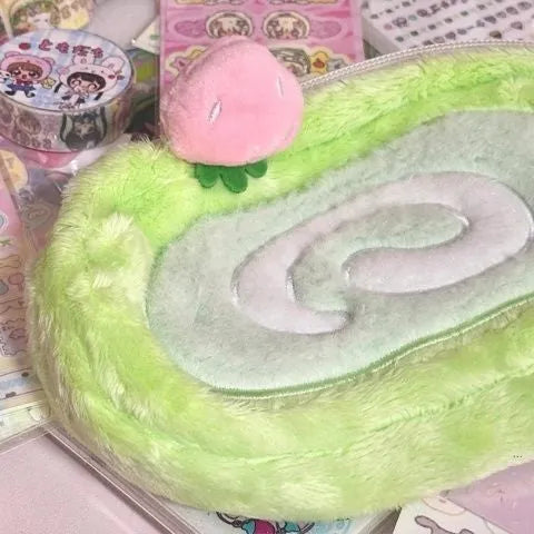 Honeydew colour Swiss roll cake design velvet pencil case in Korean style