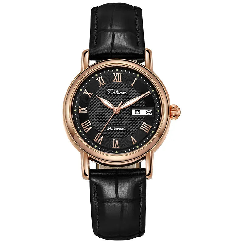 Women's fashion automatic mechanical watch with choice of steel or leather strap.