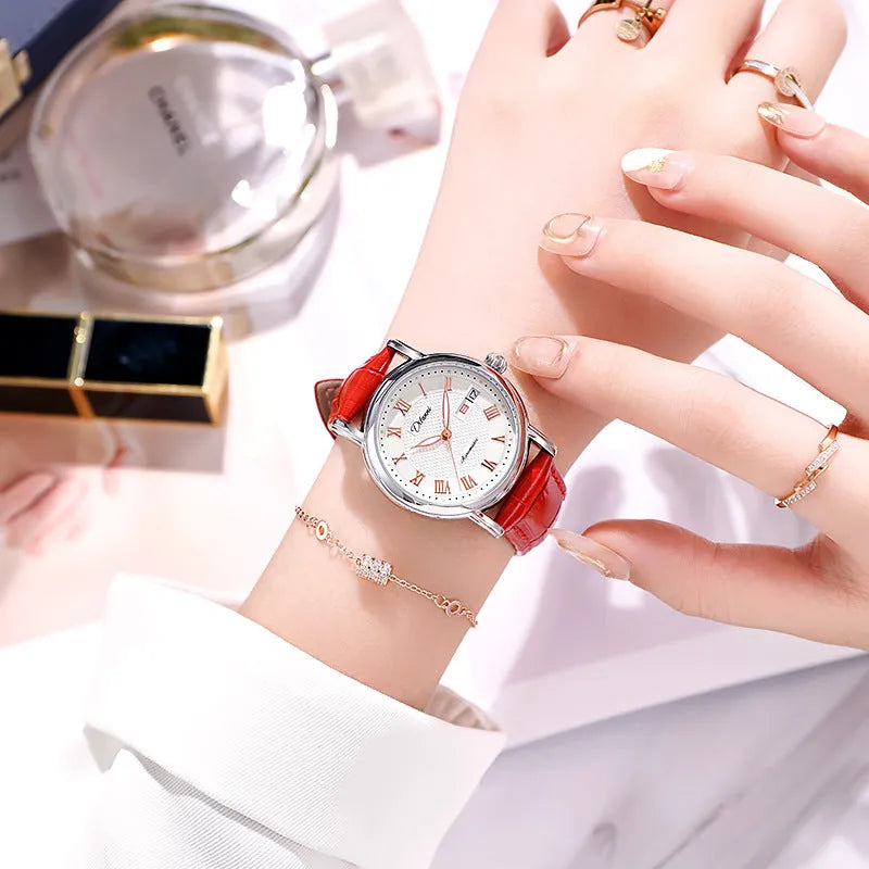 Women's fashion automatic mechanical watch with choice of steel or leather strap.