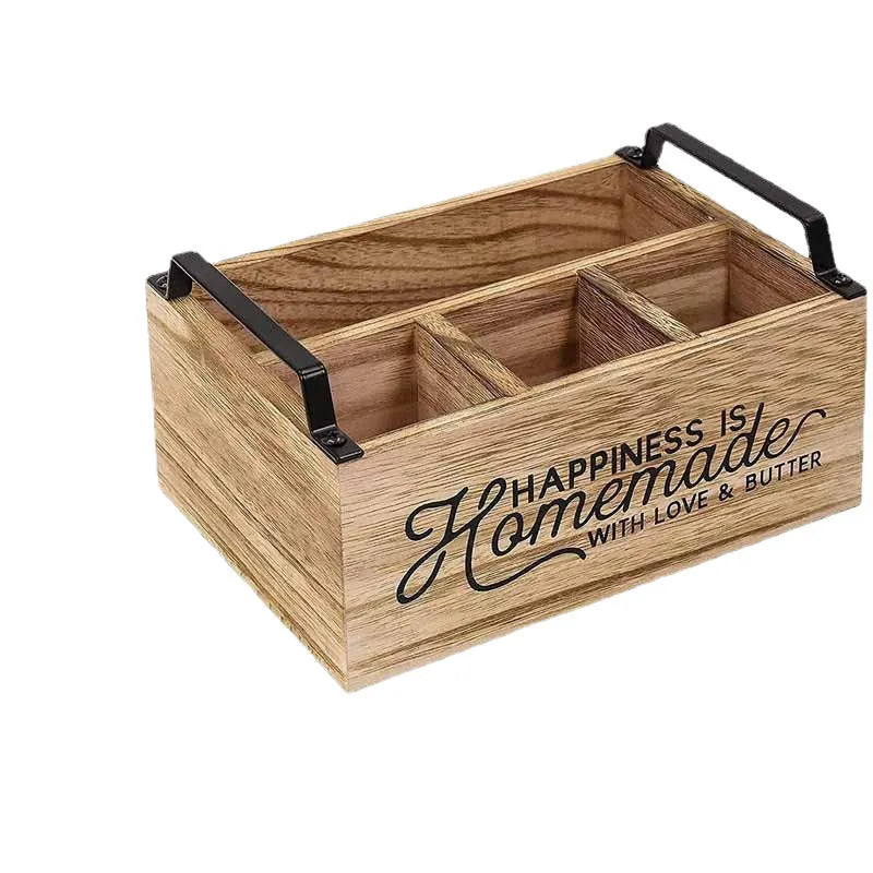 Wooden kitchen storage box with interior grid dividers for tableware organisation