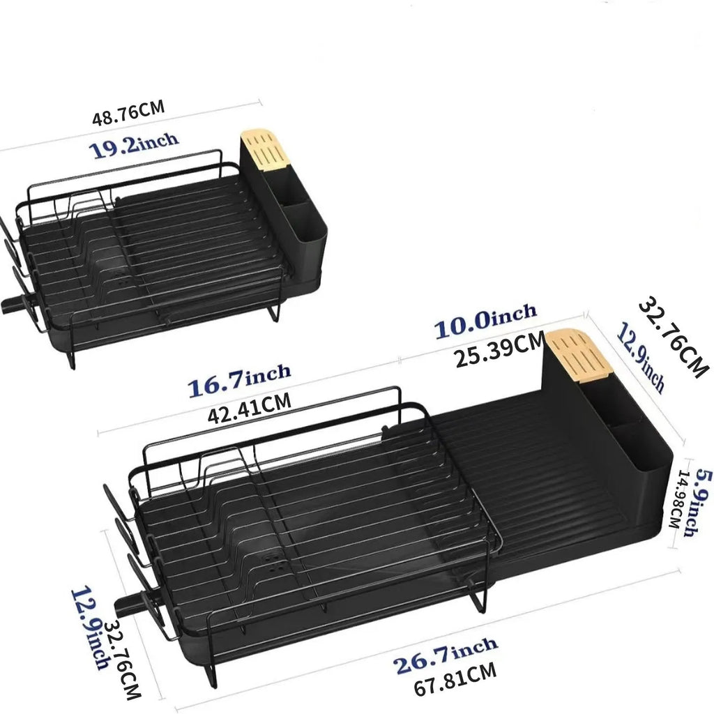 Retractable kitchen drain rack for cutlery and cups made from carbon steel.