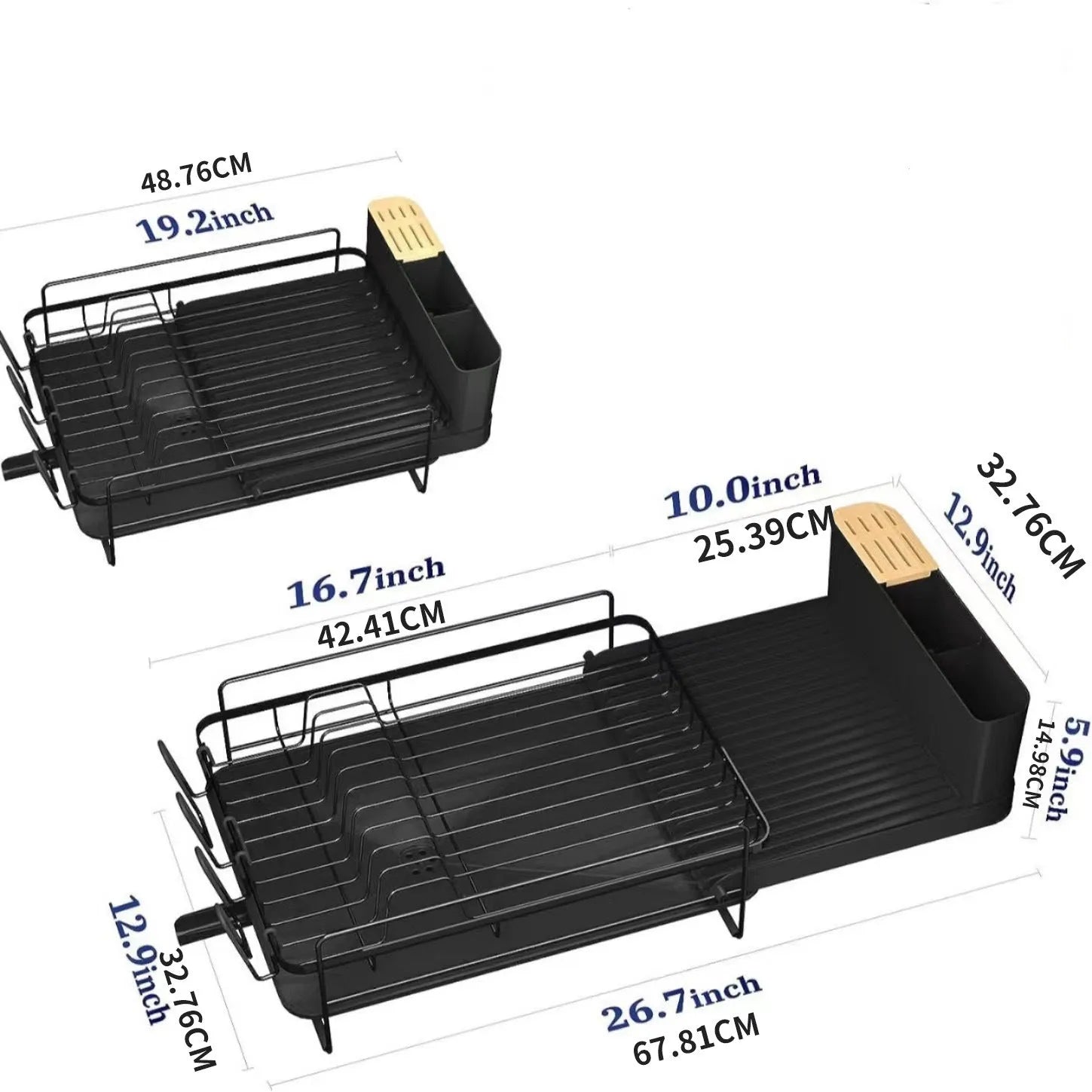 Retractable kitchen drain rack for cutlery and cups made from carbon steel.