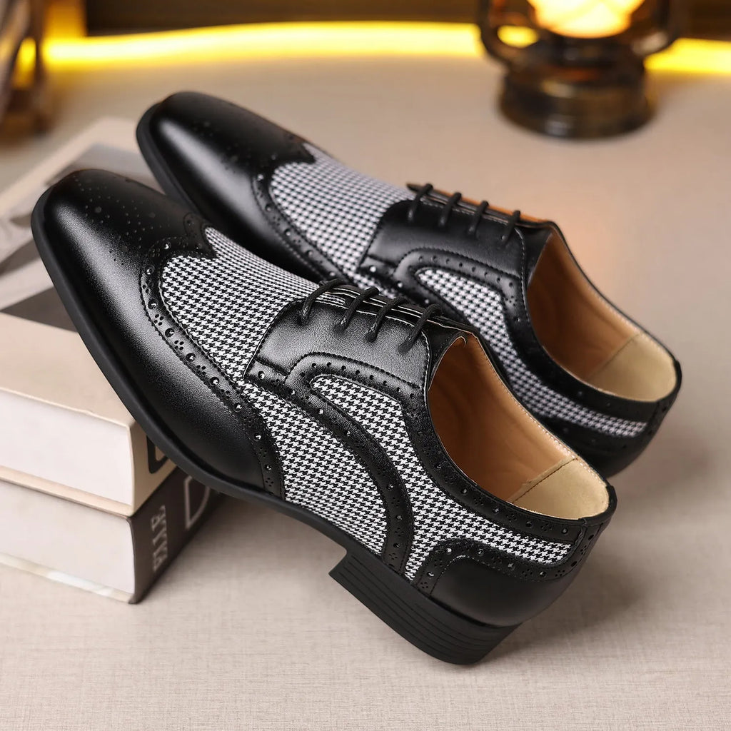 Men's black houndstooth pattern casual leather shoes with square toe and lace-up front.