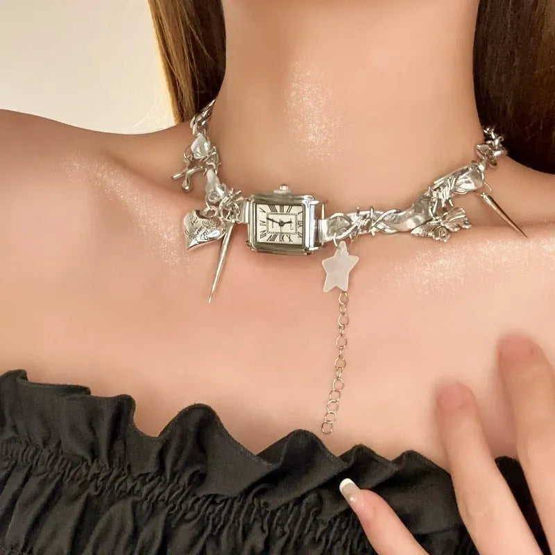 Dark style multi-layer cross necklace with hemp flowers chain adjustable 41-50cm electroplated alloy
