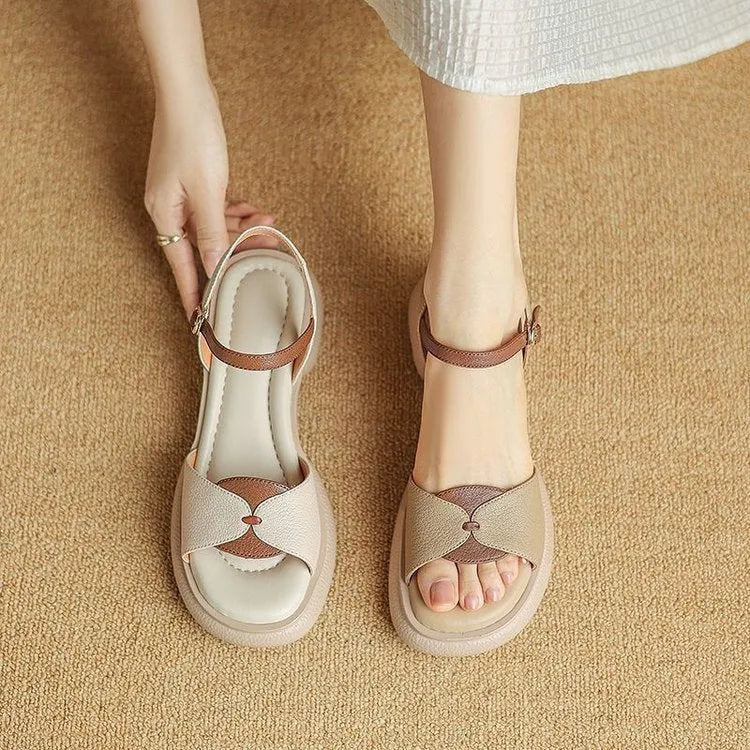 Women's chunky heel platform sandals in renewable leather with open toe design