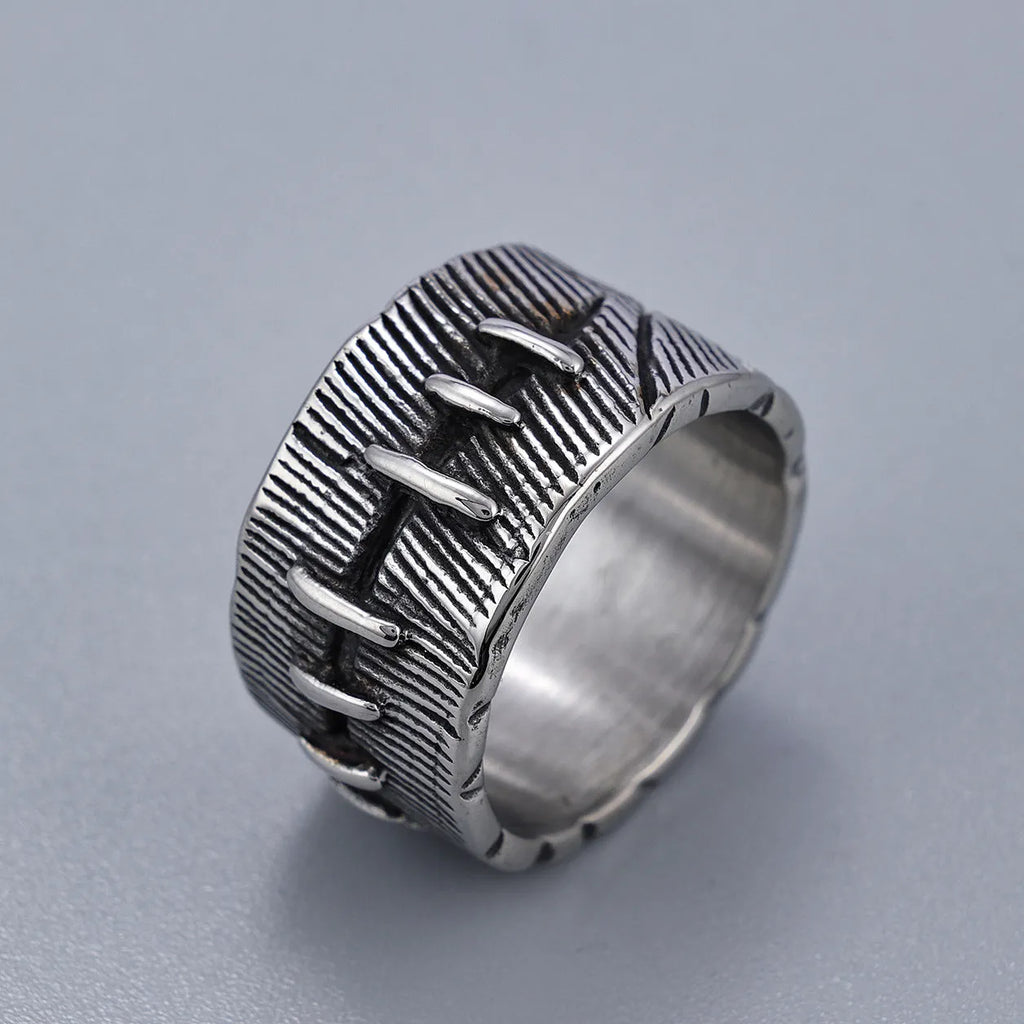 Dark geometric U-shaped titanium steel ring with double ring punk design in retro colour
