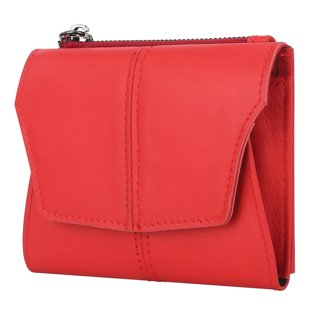 Genuine leather coin purse with stitching details in brown colour showing RFID protection feature