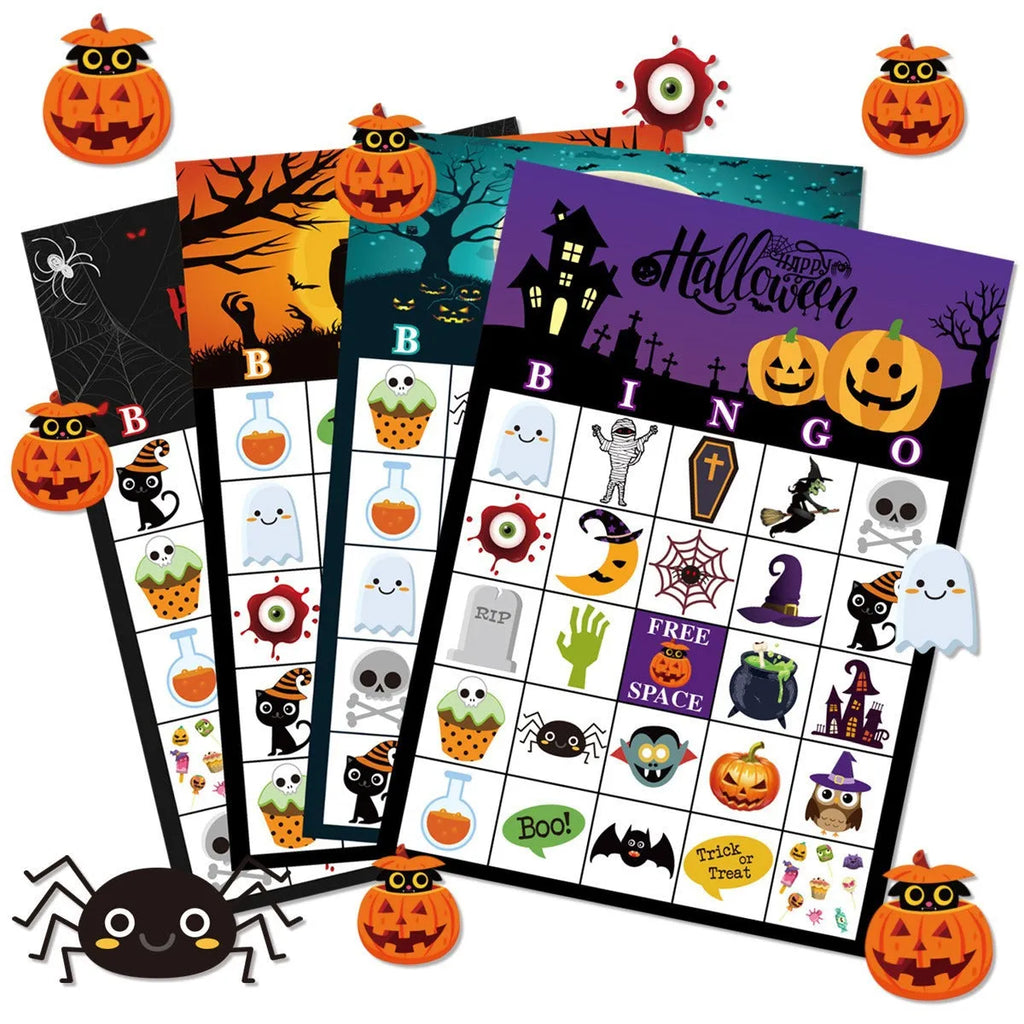 Halloween bingo game card with pumpkin design and paper nameplates on a table