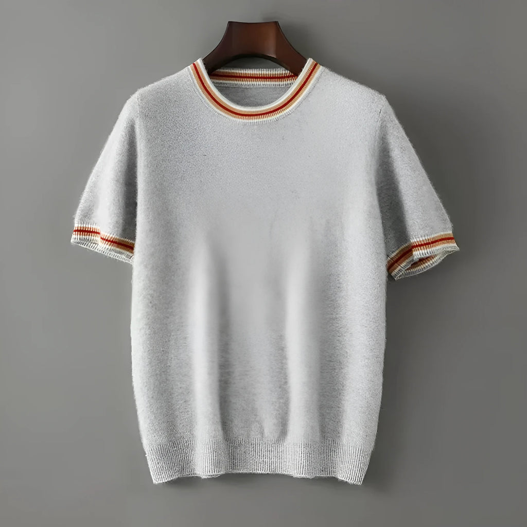 Men's round neck pure wool short sleeve sweater in grey showing regular sleeves and standard wool texture