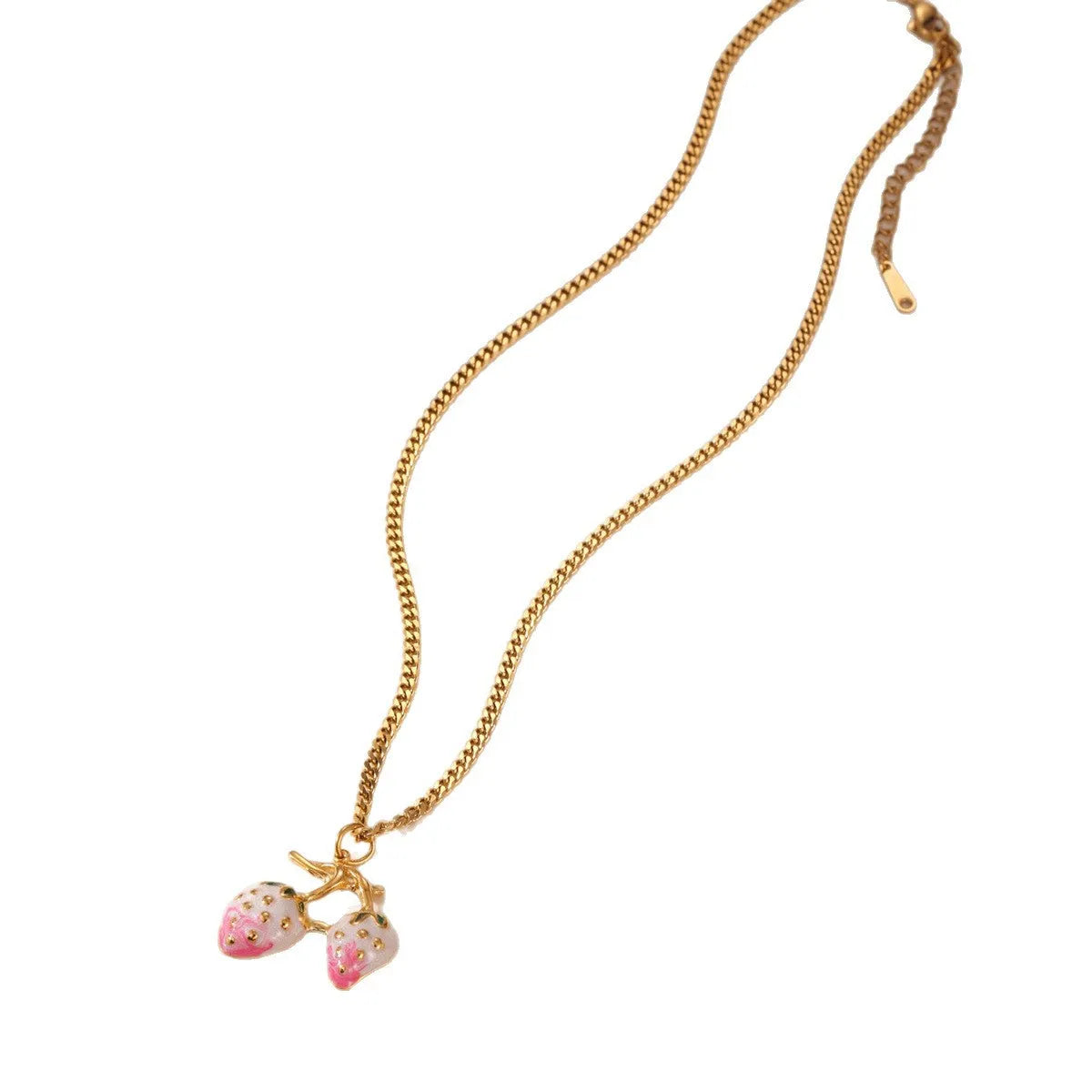 Stainless steel strawberry fruit pendant necklace on an alloy chain, shown in red and white colour options.