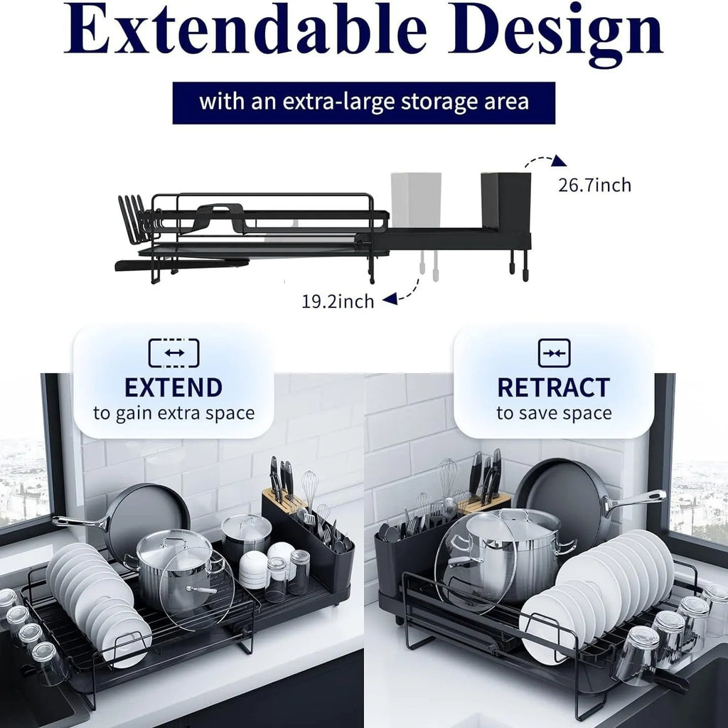 Retractable kitchen drain rack for cutlery and cups made from carbon steel.