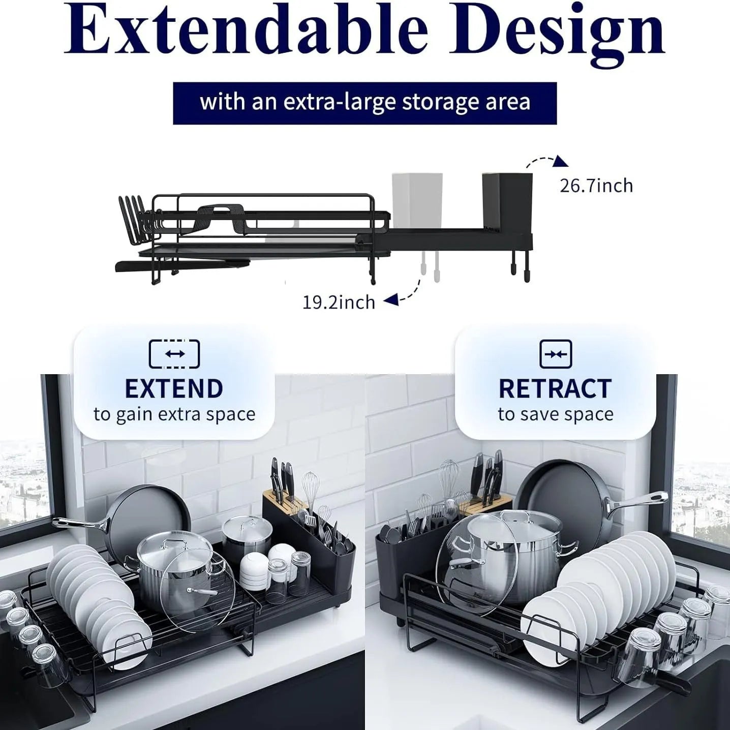 Retractable kitchen drain rack for cutlery and cups made from carbon steel.