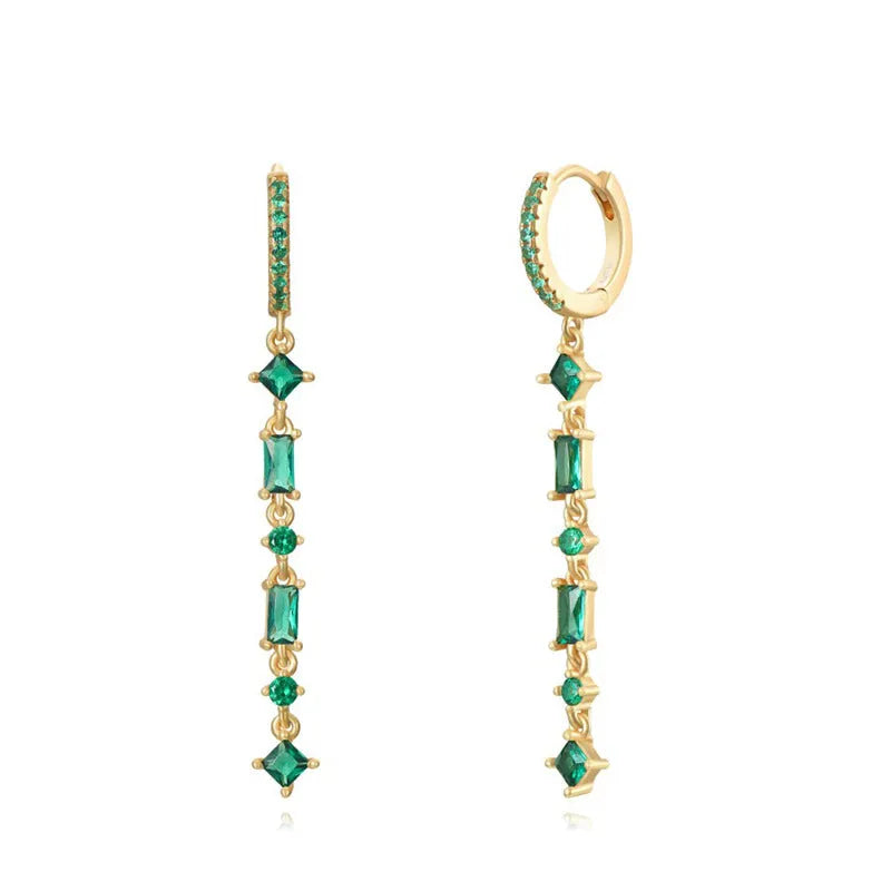 Geometric U-shaped sterling silver alloy ear clips with colourful zircon stones and tassel design