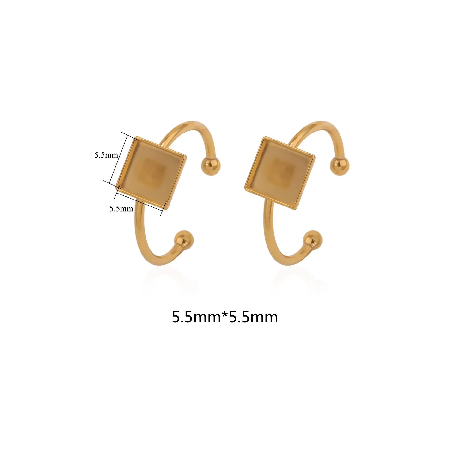 Assortment of golden electroplated stainless steel ring settings and DIY jewellery components in various shapes.