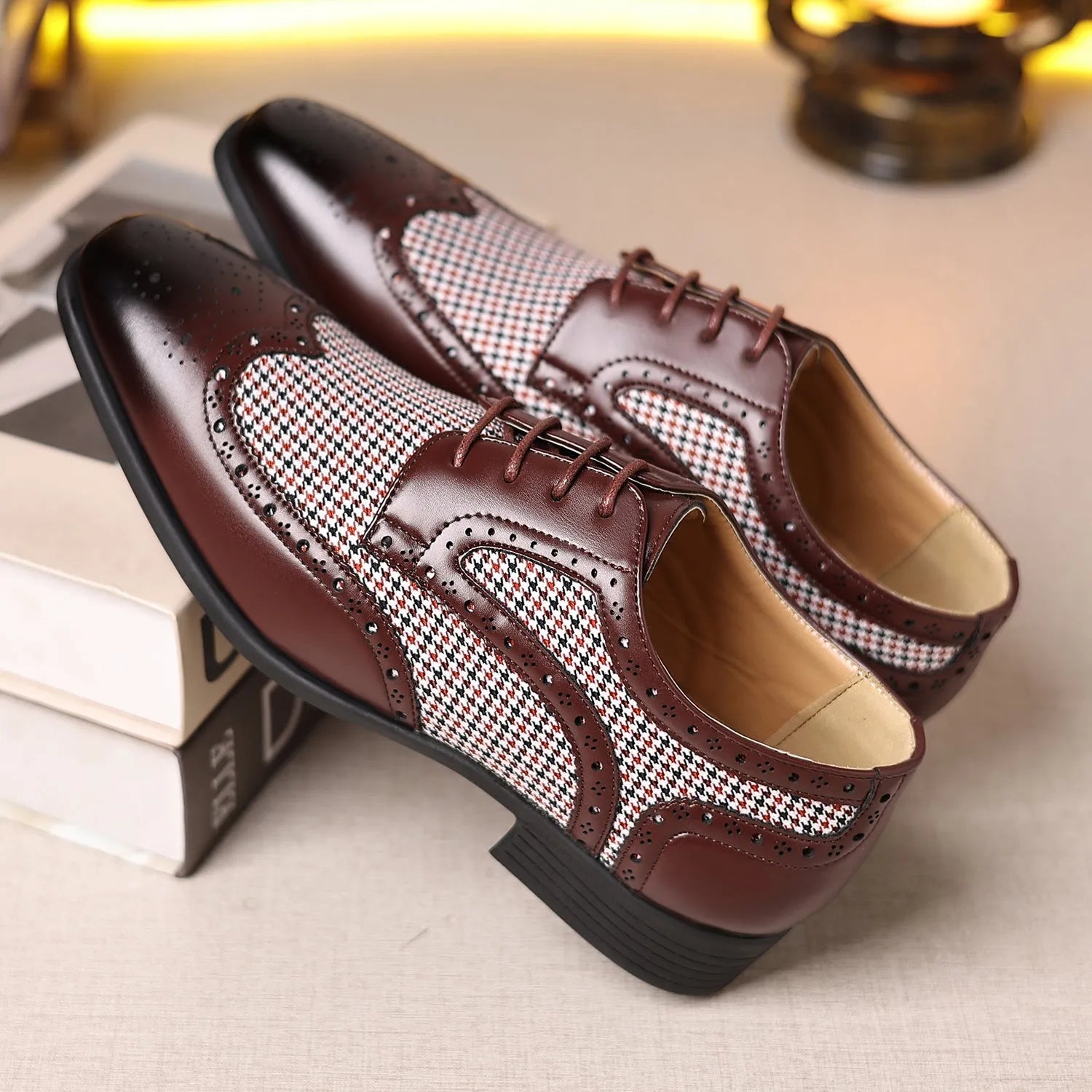 Men's black houndstooth pattern casual leather shoes with square toe and lace-up front.