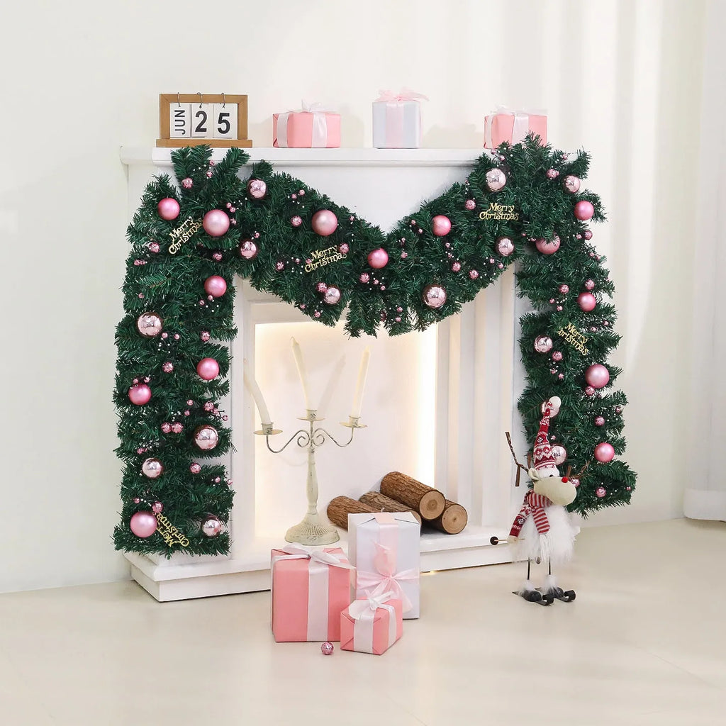 A 2.7-metre long pink Christmas rattan decoration with 240 small decorative heads, styled in a South Korea aesthetic.