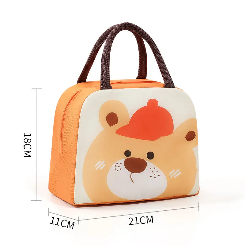 Cartoon insulated lunch box bag with animal designs and aluminium foil lining for heat preservation