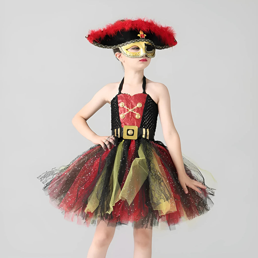 Girls sleeveless pirate Halloween dress costume with sequin, mesh, and lace decoration.