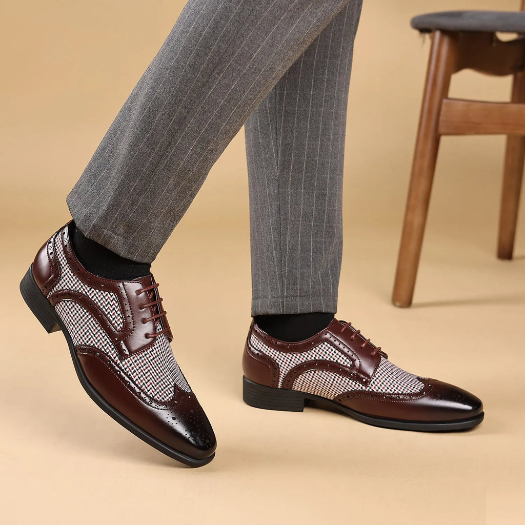 Men's black houndstooth pattern casual leather shoes with square toe and lace-up front.
