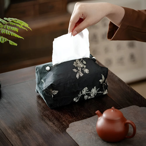 New Chinese style brocade tissue box cover with embroidered white plum pattern, shown with and without a pearl buckle.
