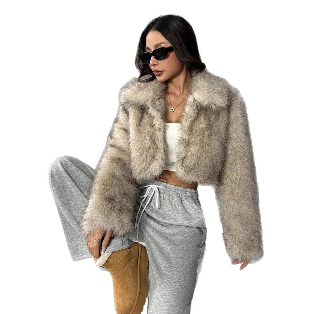 Women's artificial fur coat with fur collar in six colour options including dog fur pattern