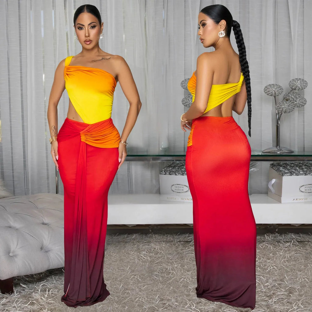 Women's gradient colour cross-shoulder summer dress in polyester, shown in a high-waist long skirt style.