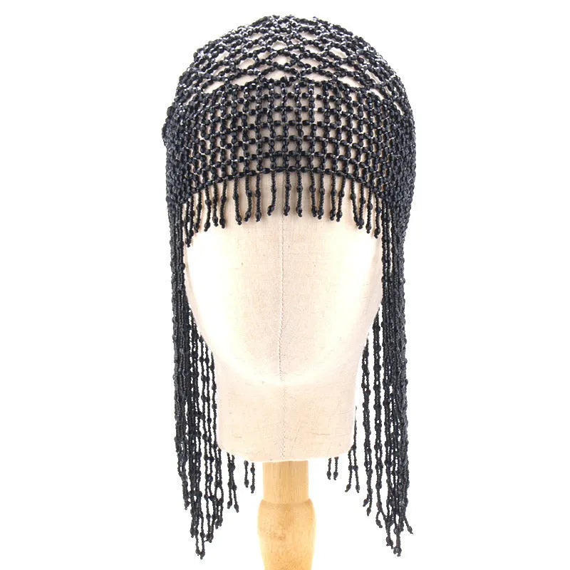 Handmade alloy belly dance hat with beaded tassels in silver or black mesh for women
