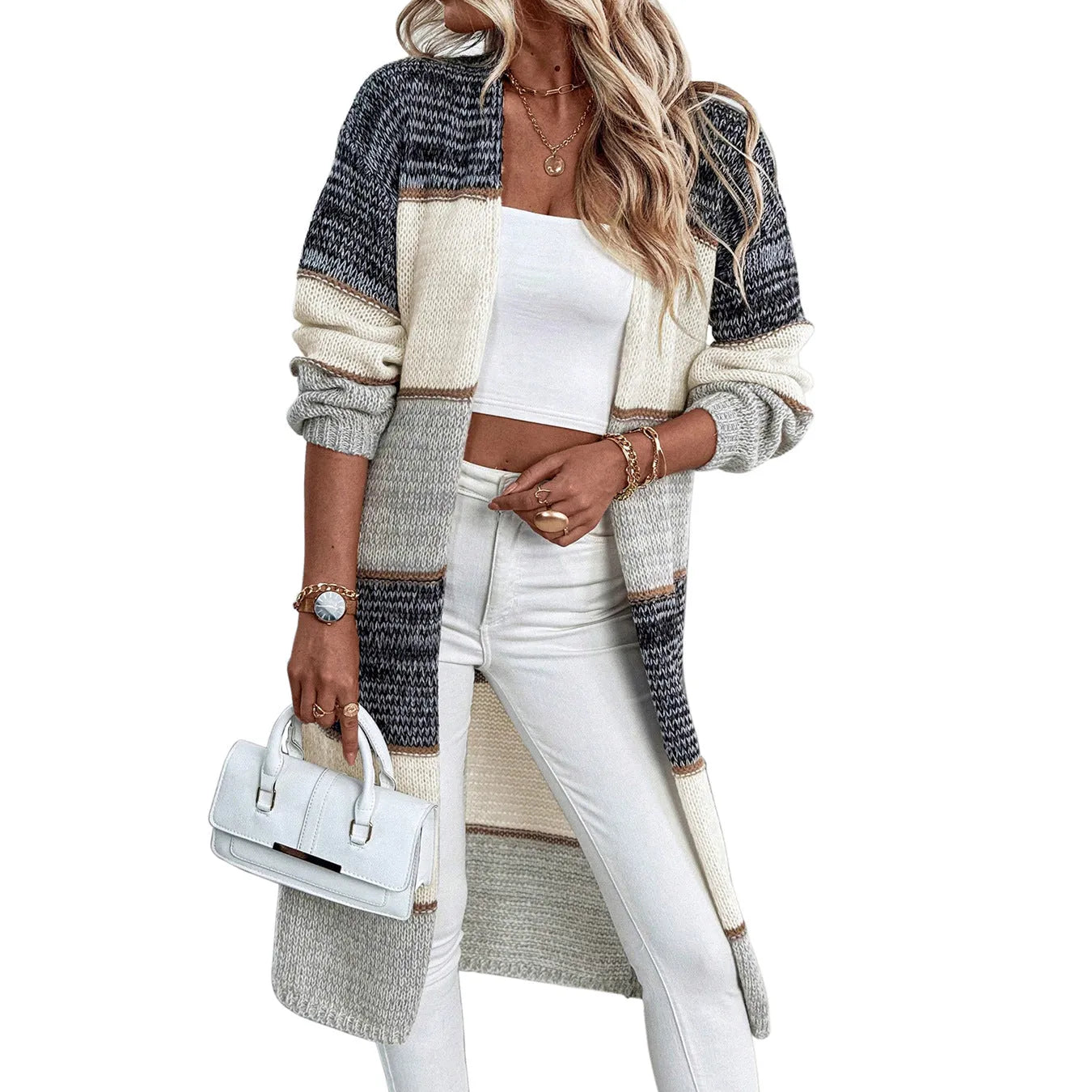 Grey women's loose fit knitted long sleeve cardigan with striped or plaid pattern